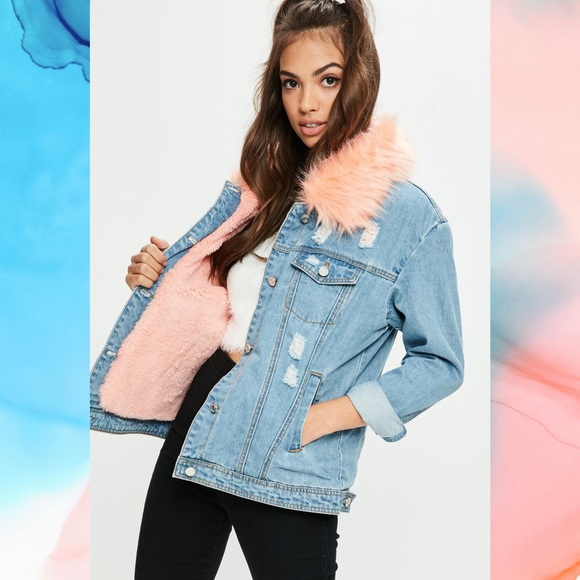 Missguided Denim Jacket Pink Faux Fur 